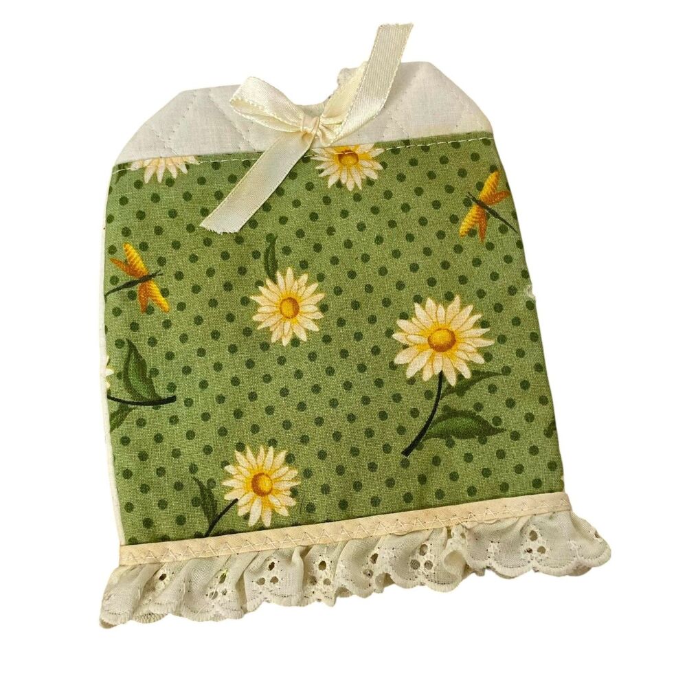 Vintage Quilted Ruffled Wine, Bottle or Olive Oil Topper Floral Green